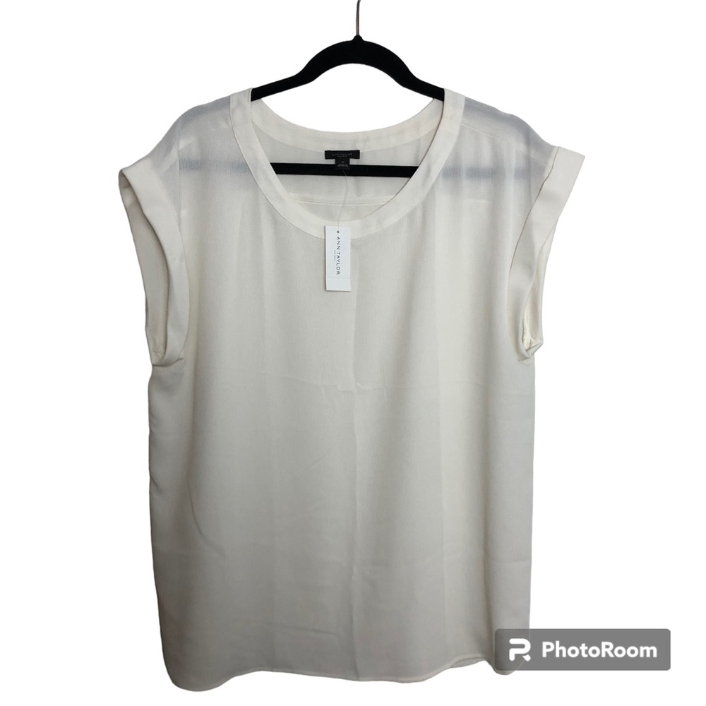 Ann Taylor Factory Cream Short Sleeve Sheer Top Blouse XL NWT